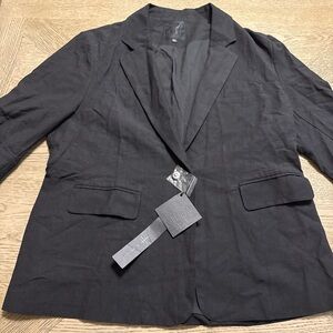 Mina Self Women M Blazer  3/4 Sleeve Black Single Button Linen Cotton XL